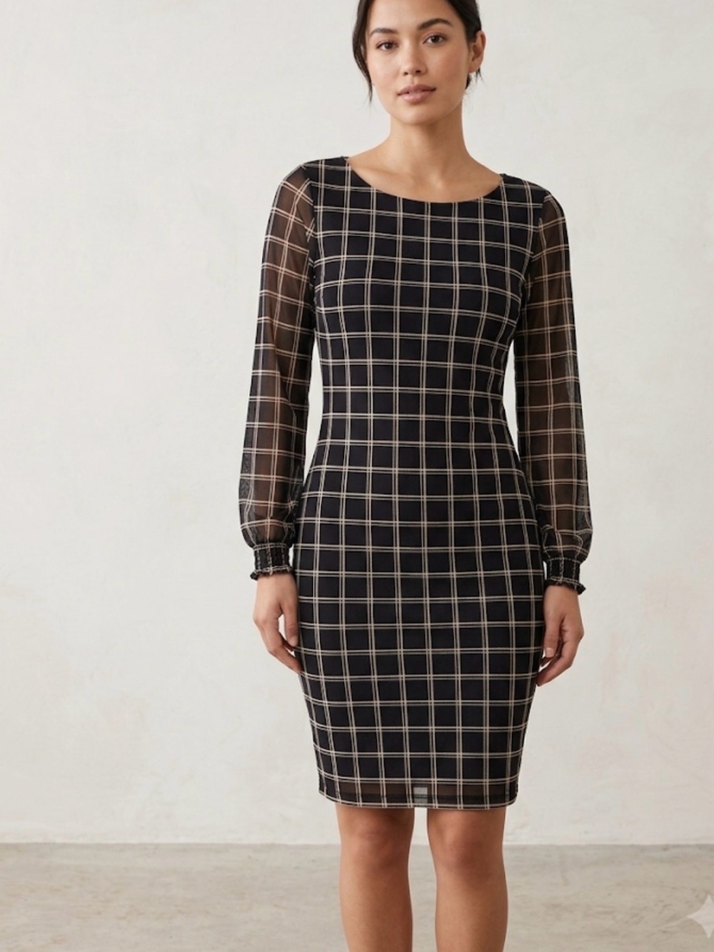 Haani Petite Black Windowpane Plaid Dress Size PS (A793)
